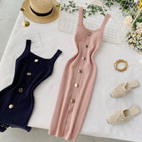 2020 Summer Pink/Red/White/Black Women Knitted Dress Vintage High Waist Button Single-breasted Slim Casual Dress For Female