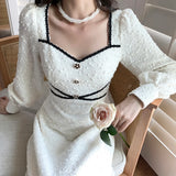 Vintage White Dress Women 2021 Winter Fairy Midi Party Dress Evening Office Lady Design Outwear One Piece Dress