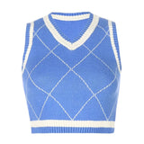 Y2K Argyle Sleeveless Sweater Vest Women Preppy Style V Neck Knitted Crop Jumper Autumn Casual Plaid Tank