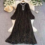 Elegant Dress Women Fashion Nail Drill Hollow Round Long Sleeves Loose Thin Leopard Embossed