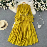 Autumn Retro Beach Pleated Dress Women Lantern Sleeve French Single Breasted 2022 Fashion Chiffon A Line Long