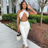 Piece Set Women Solid Halter Jumpsuits High Waist Long Pants Femmal Clothing Elegant Party Club Streetwear