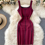 Women Knitted Strap Dress Korean Sleeveless Slim Pencil Dresses V Neck Sexy Off Shoulder Bodycon Short