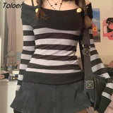 Goth Y2K Striped Print On The Shoulder Long Sleeve Tops E-girl Cute Streetwear Buttons Low Cut Black T-shirts