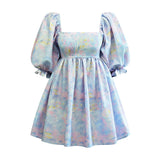 Printed Square Collar Lantern Short High Waist Sleeve Women's Backless Puffy
