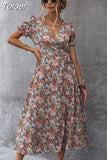 Dress Women Korea Chic Summer Dress Printed Flower V-neck Dress for Women Casual High Waist Split Midi Dress