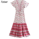 V-Neck Short Sleeve Summer Dress Floral Printed Bohemian Maxi Dresses Casual Beach Women Clothing 2023 Female
