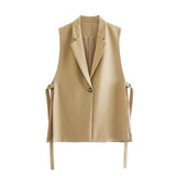 Solid Office Ladies Vest Fashion Sleeveless Lace Up One Button Blouse Coat Autumn Casual Women Outwear 2022 Veste Femme