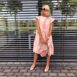O Neck Casual Women Dress Lantern Short Sleeve Solid Pink Mini Dress Ladies Elegant A Line Summer