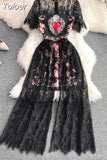 Women Summer Dress Runway Design Vintage Printed Lace Stitching Long Dress Fashion Fake Two Elegant Dress