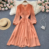Autumn Vintage V-Neck Chiffon Dress Women Elegant Puff Long Sleeve High Waist Purple/Green/White Robe Female Casual Vestidos