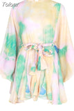 Casual Print Dress For Women O Neck Long Lantern Sleeve Bandage Bow High Waist A Line Dress Female Fashion New 2023