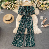 Women Jumpsuit Rompers Summer Casual Floral Print Off Shoulder Ruffles Lace-up Sashes Wide Leg Holidays Loose