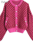 MODA 2023 Spring Autumn Women Fashion Plaid Knitted Cardigan Coat Lady Vintage Puff Long Sleeve O Neck Female Chic