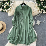 Version Of High-End Sense Polo Collar Shirt Women Autumn Three-Dimensional Flowers Loose Irregular Folding Tail Design