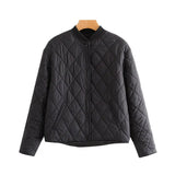 Women Fashion Argyle Loose Padded Jacket Coat Vintage Long Sleeve Side Pockets Female Outerwear Chic