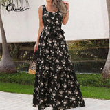 2022 Women Summer Dress Sexy Sleeveless Floral Print Belted Long Dress Casual Loose Party A Line Oversize Sundress