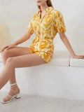 Loose Two Piece Sets For Women Lapel Short Sleeve Single Breasted Top Spliced Belt Wide Leg Shorts Print Set Female