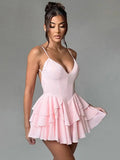 Open Back Strap Ruffled Layered Mini Dress-Outfit