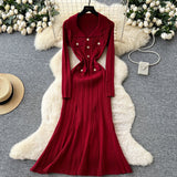 Fragrant Elegant Collar Long Sleeve Metal Buckle Waist Knitted Dress Autumn Thin Long