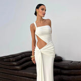 Summer Sexy Shoulder-To-Shoulder-Back Tective Dress Stylish Solid-Colored Strap-Nrinking Folding
