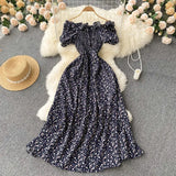 Women Chiffon French Style Dress Summer 2022 Slash Neck Vacation Elastic Waist Elegant Party Slim A Line Long