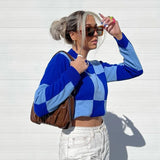 Jumper Women Autumn 2021 Streetwear Loose Plaid Print Knitted Sweater Casual Long Sleeve O-neck Patchwork