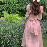 party Design Pink Midi Dress Women Sweet Vintage Elegant One Piece Dress Korean Fashion 2022 Autumn Fairy High Waist Party Dress