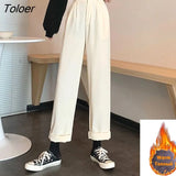 Korean Wide Leg Straight Pants Women 2023 High Waisted Warm Plush Trousers Woman Autumn Winter Loose Corduroy Pants