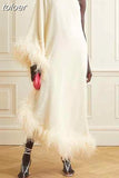 patchwork feathers dress for women Diagonal collar off one shoulder high waist loose Asymmetrical midi dress