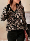 Leopard-Print Long-Sleeved V-Neck Blouse
