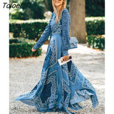 2023 Spring New Women Print Long Dress Elegant Fashion V-neck High Waist Maxi Dresses Evening Party Floral Robe