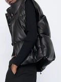 Stand Collar Vests Women Fashion Zipper Black PU Leather Coats Women Elegant Autumn Winter Short Vests Female Ladies