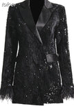 Solid Patchwork Feather Blazer For Women Notched Long Sleeve Sequins Temperament Blazer Female Autumn Fashion 2023