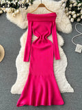 Neck Solid Sexy Sweater Dress 2022 Women Mermaid Long Sleeve Maxi Long Dress Autumn Streetwear Knitted Bodycon