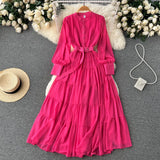 Autumn Retro Beach Pleated Dress Women Lantern Sleeve French Single Breasted 2022 Fashion Chiffon A Line Long