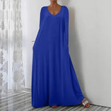 New Long Dress Casual Loose Short Sleeve Pure Color V Collar Body Size