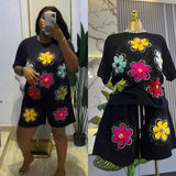 Set European Dress Design Butterfly Set Drill Short Sleeve T-Shirt Blouse Woman + Tight Waist Broad Leg Shorts Two