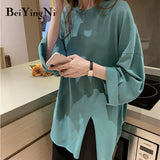 Loose Plus Size T-shirt Female Long Sleeve Casual Vintage Split Tops Woman Spring Autumn BF Cotton Plain T Shirt