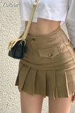 Pleated Micro Skirt Women Korean Fashion Casual Button Pocket Patchwork High Waist A-line Sexy Mini Skirt