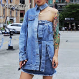 Summer Denim Dresses For Women Lapel One Shoulder Long Sleeve High Waist Bandage Women's Dress Female Fashion