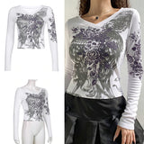 Rockmore Vintage Print T-shirt Women Aesthetic Long Sleeve Crop Top Autumn E Girl Casual Basic Tee Shirt 90s Grunge