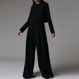 Solid 2 Piece Set Office Lady Spring O Neck Long Sleeve Tops +Long High Waist Pants Suit Tracksuit Sportswear Suit For