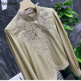 Blouses Womens Clothes Tops Vintage Blusas De Mujer Stand Collar Embroidery Blouse Korean Fashion Long Sleeve