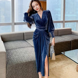 Elegant Lantern Sleeve Velvet Sexy V-Neck High Waist Evening Special Occasion Mid-length Split Dresses Female