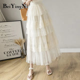 Lace Tulle Skirt Women Solid Summer Long White Black Tutu Skirts A Line Skirt Laides Elegant High Waist Elastic