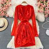 Autumn Vintage Gold/Black Satin Draped Dress Women Elegant V-Neck Long Sleeve High Waist Irregular Robe Female Vestidos 2021