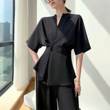 Summer Elegant Two Piece Set Women Designer France Vintage Suits Set Retro Chic Tops Casual Wide Leg Pants Korean