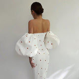 Graduation party Women Elegant Dress Lantern Sleeve Casual Strawberry Print Sexy Off Shoulder Party Mid Calf Dress Summer