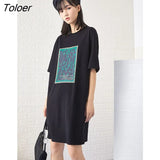 Women Dress Summer Mural Rubbing Print Black White Vintage Casual T-shirt